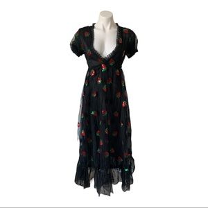 Black Strawberry Puff Shoulder Plisse Tulle Dress